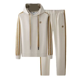 春秋高端套头连帽织带撞色青年潮流棉混纺弹力透气运动休闲套装男