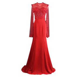 红色晚礼服裙显瘦气质新娘敬酒服主持人年会摄影写真优雅鱼尾裙