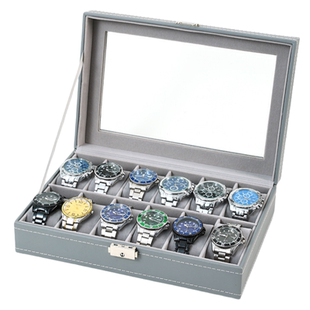 手表收纳盒灰色PU皮质12位腕表名表收藏展示箱首饰家用礼品架防尘