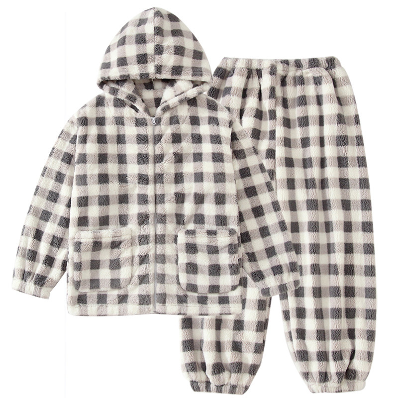 格子珊瑚绒睡衣女连帽加厚保暖家居服套装可外穿亲子款亲少年情侣