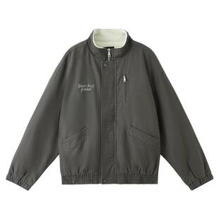 三福2025冬季英文刺绣短款棉衣男仿羊羔毛翻领棉服保暖外套511013