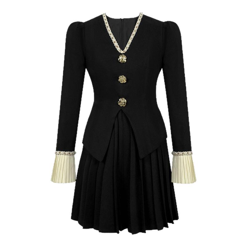 2025秋新款气质百褶收腰连衣裙法式黑色假两件显瘦小香风短裙子女