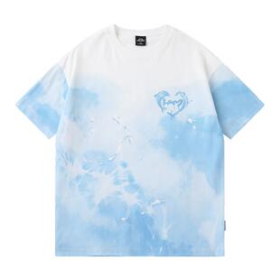 LAMLICKA爱心海豚扎染短袖男款多巴胺海滩穿搭宽松圆领t恤女半袖