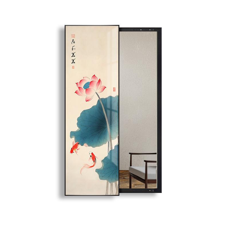 工笔荷花入户玄关穿衣镜装饰画走廊双鱼戏荷可推拉关闭全身镜壁画