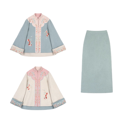 新中式国风刺绣绵羊毛双面呢大衣