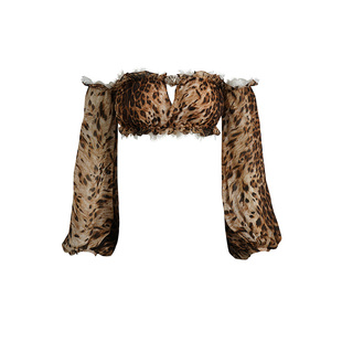 JELLOJELLO2025春夏新款豹纹印花蕾丝拼接贝壳金属装饰超短款上衣