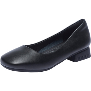 方头粗跟3cm软底工作鞋女皮鞋空姐鞋久站不累低跟浅口单鞋黑色鞋