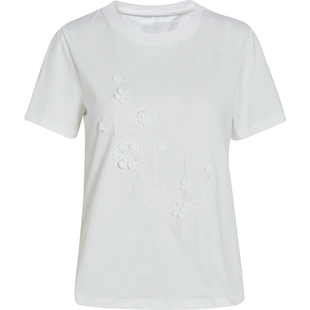 秸熙春秋简约纯色圆领T恤立体花朵装饰百搭正肩显瘦短袖体恤上衣