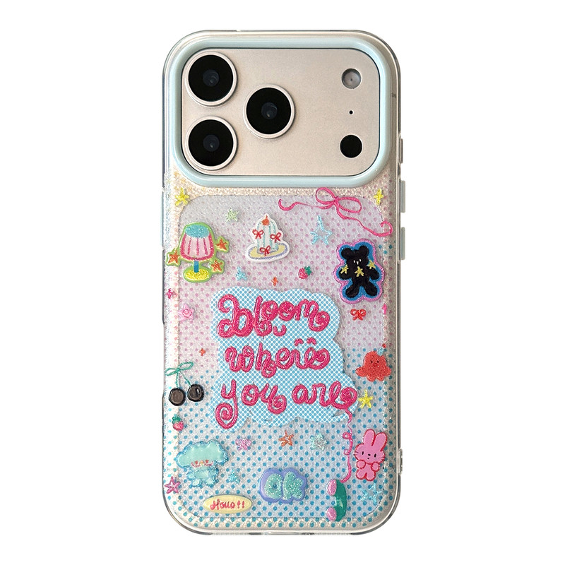 Y2K闪粉格纹卡通小熊适用iPhone16手机壳17ProMax浅蓝撞色大视窗15千禧少女可爱童趣全包防摔苹果13保护套14