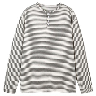 万有引力博物馆 亨利领条纹长袖T恤女春季2026新款宽松中性风上衣