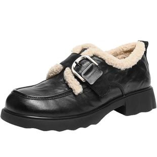 百丽复古羊皮厚底乐福鞋女2026新款绒里黑色小皮鞋单棉鞋B3020AM6