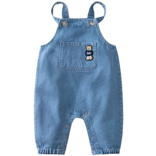 婴儿牛仔背带裤春秋蓝色男宝吊带裤按扣开裆女婴外出裤子时尚洋气