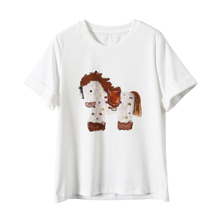 淘么淘 跃马逐光 小马图案童趣发泡印花棉质宽松圆领短袖T恤女