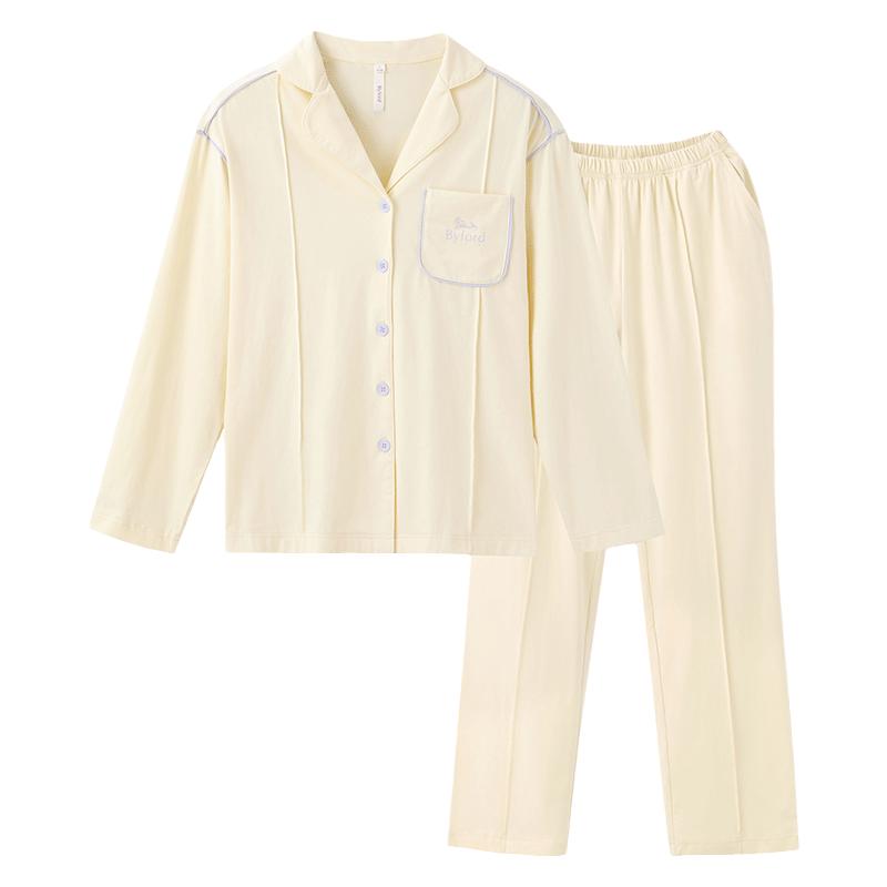 BYFORD/百富睡衣套装纯棉长袖长裤春秋开衫纯色家居服女士可外穿