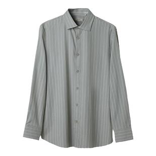 GORNIA格罗尼雅男士春季长袖衬衫灰绿色条纹休闲商务通勤翻领衬衣
