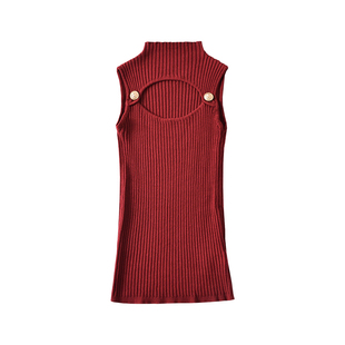 YoungGirlDay纯欲风性感心机胸前镂空小高领无袖打底针织背心上衣