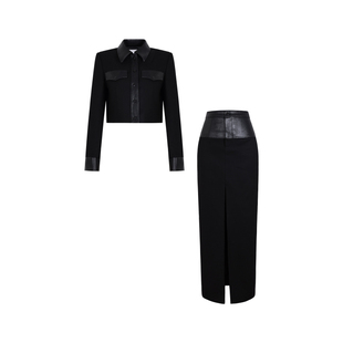 XULU原创植物蛋白皮压鳄鱼纹短款外套高腰包臀开衩半身裙两件套装