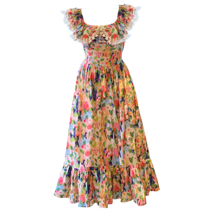 大码女装夏季连衣裙胖mm新款彩色碎花一字肩法式茶歇海边度假长裙