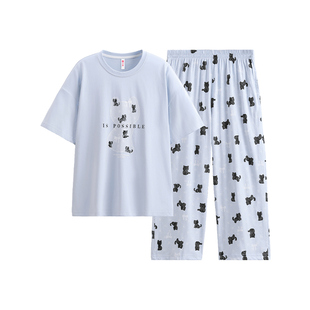 芬腾女士睡衣夏季薄款短袖七分裤纯棉套装卡通少女可爱全棉家居服