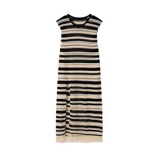 PIT复古法式镂空条纹吊带针织连衣裙女夏季新款渡假沙滩长裙子