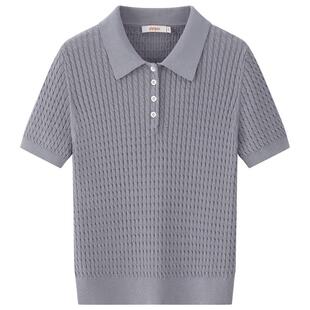 【桑蚕丝】皮皮狗夏季新款女士经典POLO领短袖T恤薄绞花针织套衫