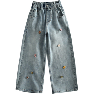 洋气童装2026春款儿童女童牛仔裤中大童青少年镶钻花朵牛仔直筒裤