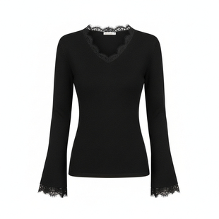 韩版新款法式V领气质蕾丝拼接纯欲针织衫女秋冬长袖打底上衣