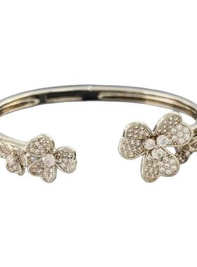 欧美风高品质满钻心形7花手环三叶草六瓣花开口双花手镯镶嵌锆石
