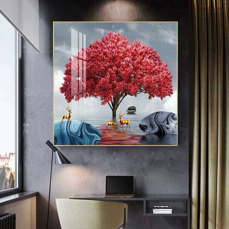 5d钻石画麋鹿招财树客厅点贴砖石方形十字绣2025新款轻奢餐厅小件