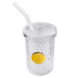 ins风小熊浮雕玻璃杯吸管杯带盖高颜值咖啡杯家用水杯饮料牛奶杯