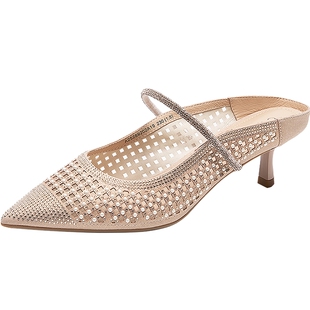 千百度渔网包头拖女款新款细高跟休闲镂空外穿绝美凉拖鞋气质百搭