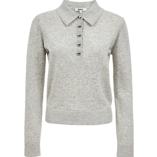 ONLY2026春季新款简约气质正肩含绵羊毛polo领金属扣毛衣针织衫女