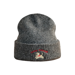 素单舍西大头围白色针织帽女秋冬保暖韩版ins可爱小狗刺绣毛线帽