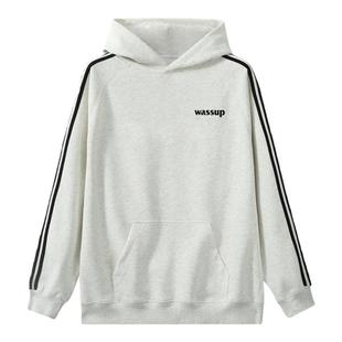 WASSUP HEODS三条杠撞色字母潮牌连帽卫衣男女秋冬复古街头情侣装