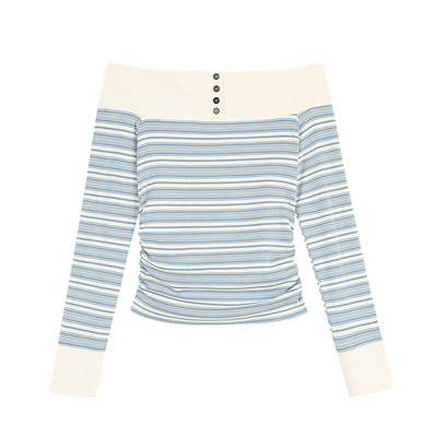 条纹拼接一字肩长袖T恤上衣女