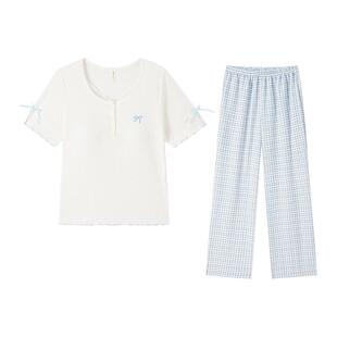 冰丝睡衣女款2026新款秋春带胸垫短袖长裤夏天丝绸家居服套装夏季