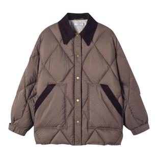 三所vintage 巴恩风绗缝灯芯绒拼接定制古铜扣宽松袖口收口羽绒服