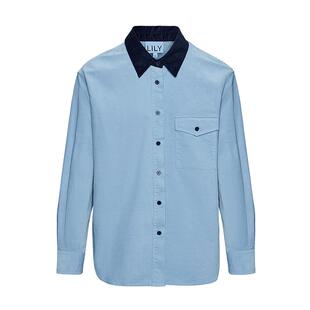 LILY2025冬新款女装工装撞色水洗灯芯绒翻领宽松休闲蓝色衬衫外套