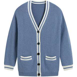 KBNE蓝白条纹撞色v领针织衫女装2025秋季新款复古学院风针织开衫