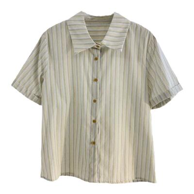 宽松复古排扣短袖条纹衬衫显瘦