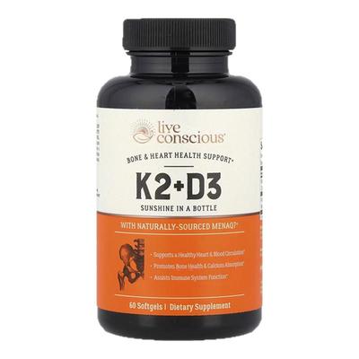 Live Conscious维生素D3k2骨骼健康钙吸收软凝胶血管活力