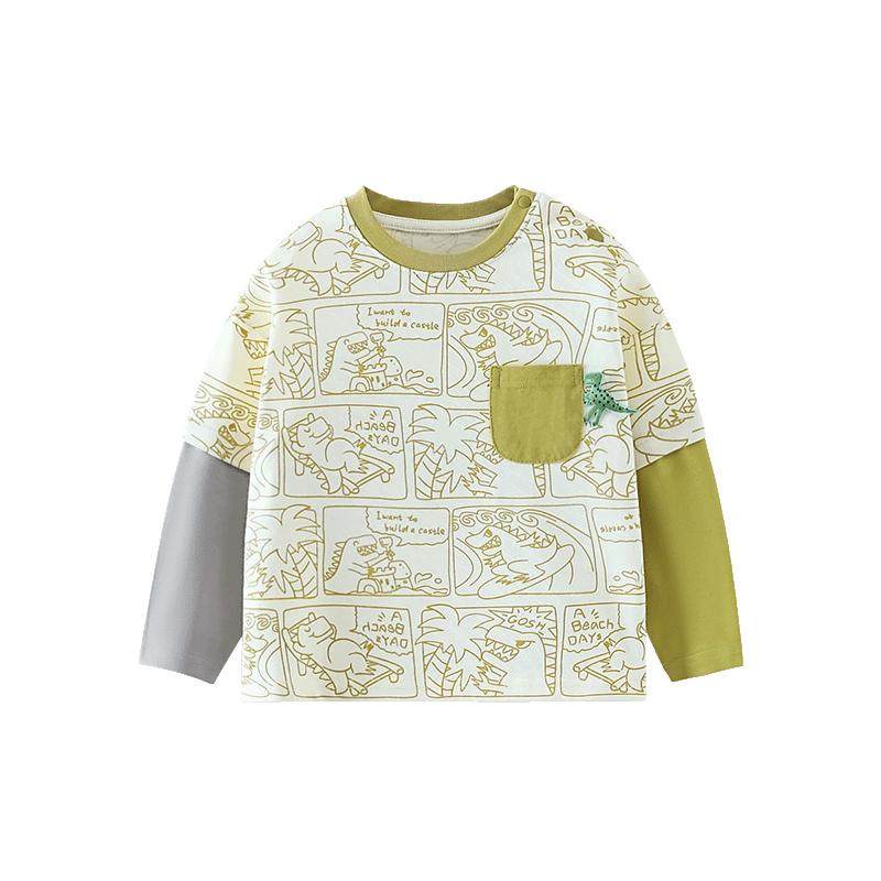 [5A抗菌纯棉]齐齐熊男童t恤长袖假两件春秋印花宝宝全棉儿童秋装