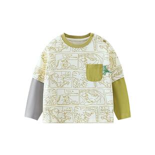 [5A抗菌纯棉]齐齐熊男童t恤长袖假两件春秋印花宝宝全棉儿童春装