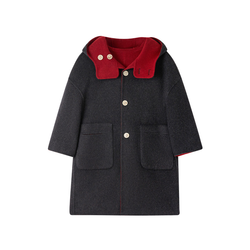 OPCP儿童双面羊毛大衣秋冬新款女童呢子外套中大童正反两穿中长款