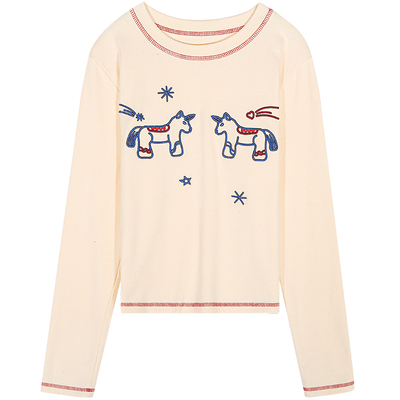 落落狷介长袖刺绣T恤女