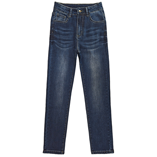 美式复古深蓝高腰牛仔裤女秋冬新款加绒修身弹力显瘦小脚裤铅笔裤