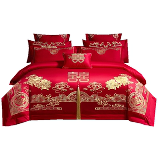 结婚高档纯棉四件套大红刺绣结婚简约全棉新婚房中式婚庆床上用品