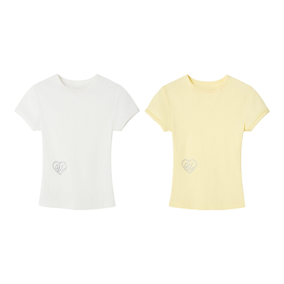 Uena爱心字母烫钻正肩短袖T恤