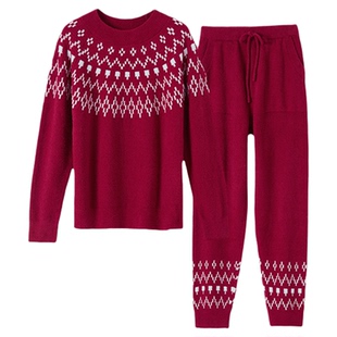 ubras睡衣女款泡泡绒费尔岛情侣本命年红色家居服套装男冬加厚绒