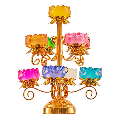 家用琉璃七品蜡烛烛台 七彩供奉烛台 佛前供灯九品酥油灯底座摆件